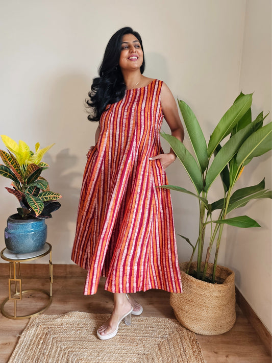Block Print Striped Cotton Dress for Women