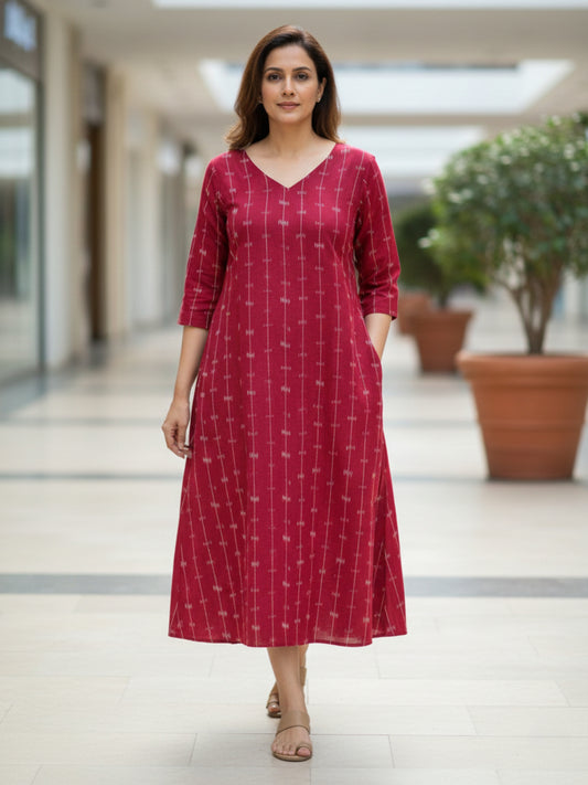 Red Ikat Cotton Dress Darzaania