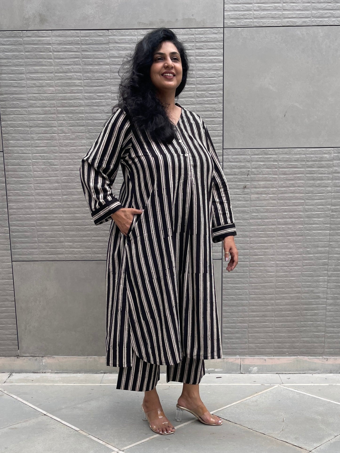 Darzaania Mehak Black Striped Handblocked Cotton Co-ord