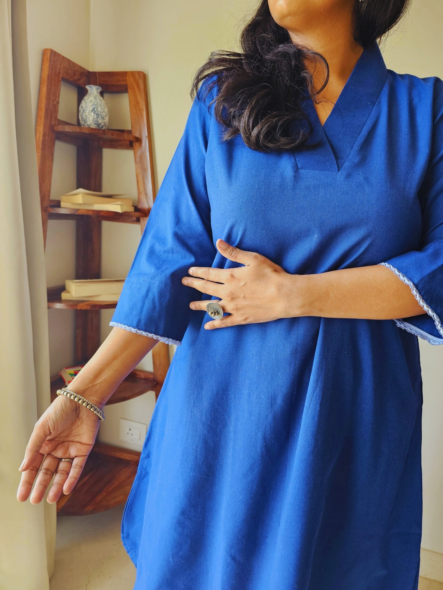 Blue solid lacework festive kurti with pants by Darzaania 