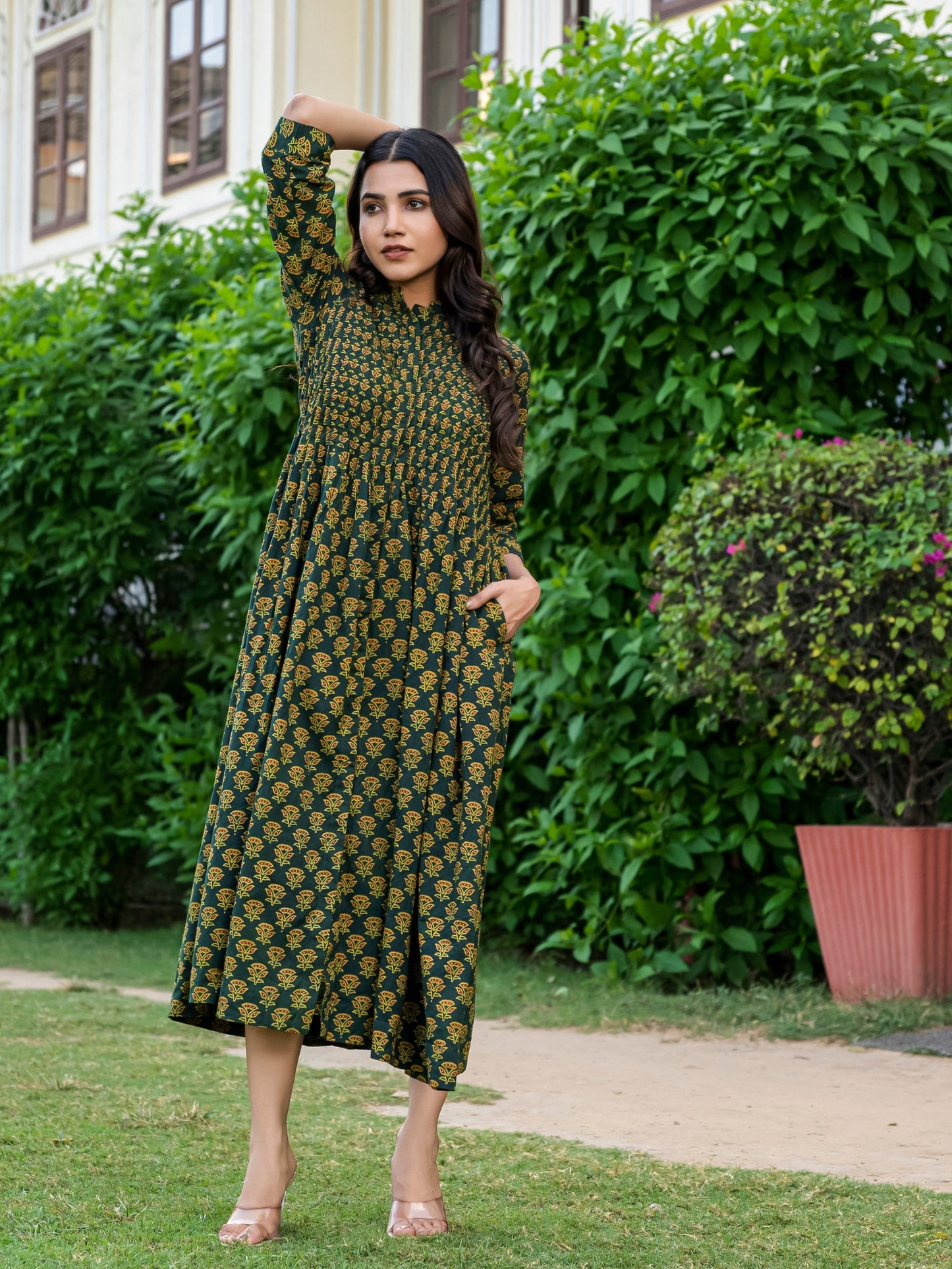 Ameyaa Ajrakh Work Pure Cotton Green Dress