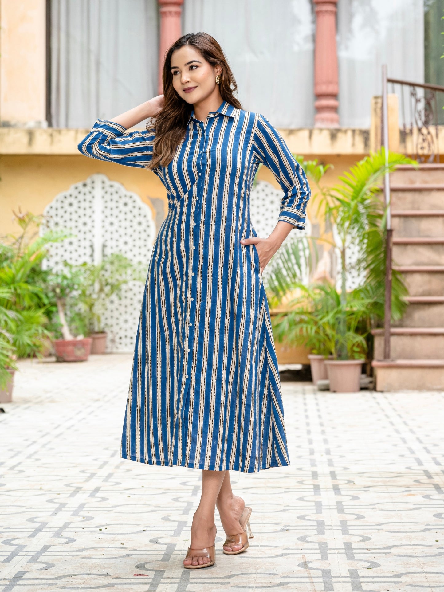 blue striped block printed pure cotton dress for women , sizes upto 6XL