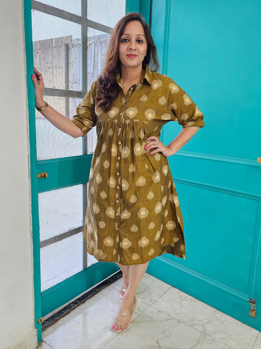 Darzaania Aarunya Olive Button Down Midi Dress