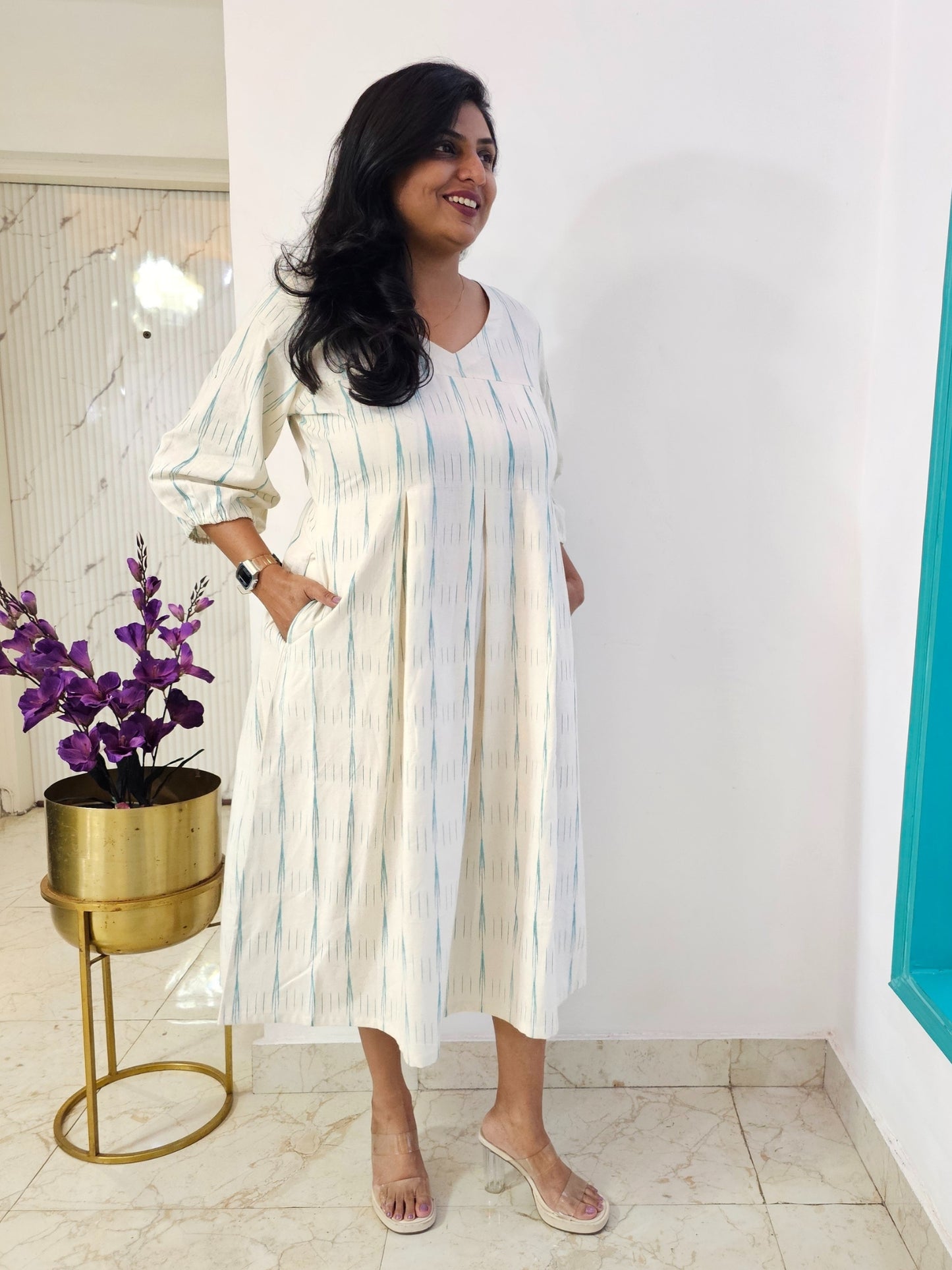 Kaira White Ikat Cotton Midi Dress