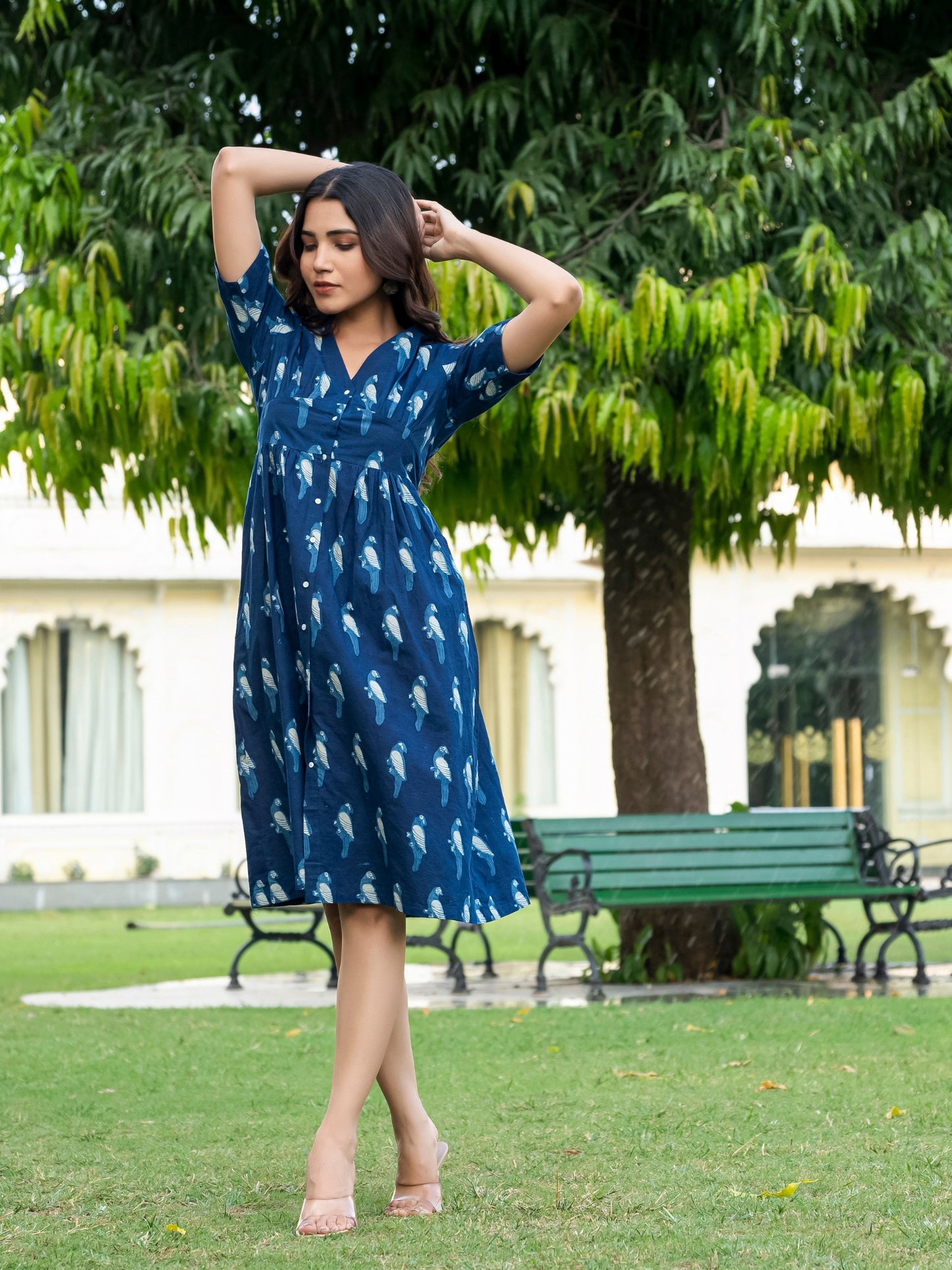 Natural Indigo Block Print Cotton Dress