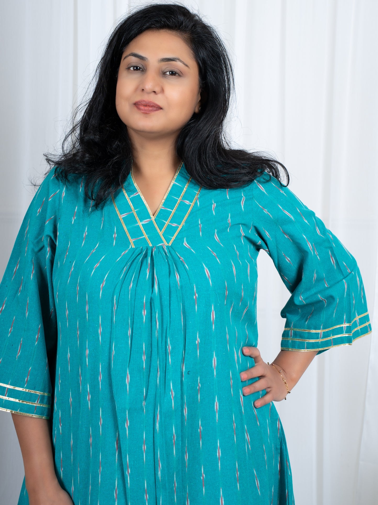 Turquoise green cotton kurti with pants for women