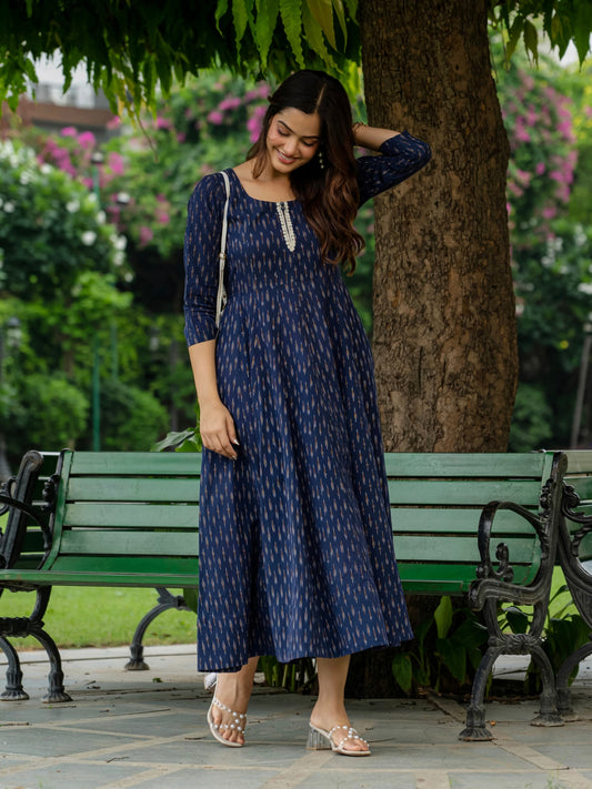 Blue Ikkat Cotton long Dress for women