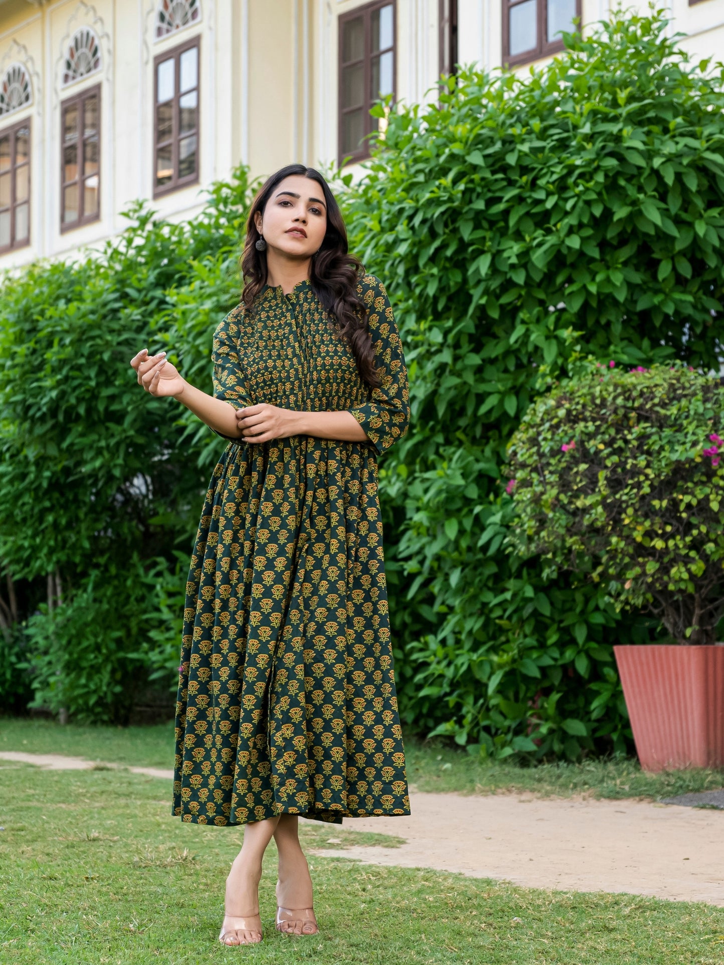 Ameyaa Ajrakh Work Pure Cotton Green Dress