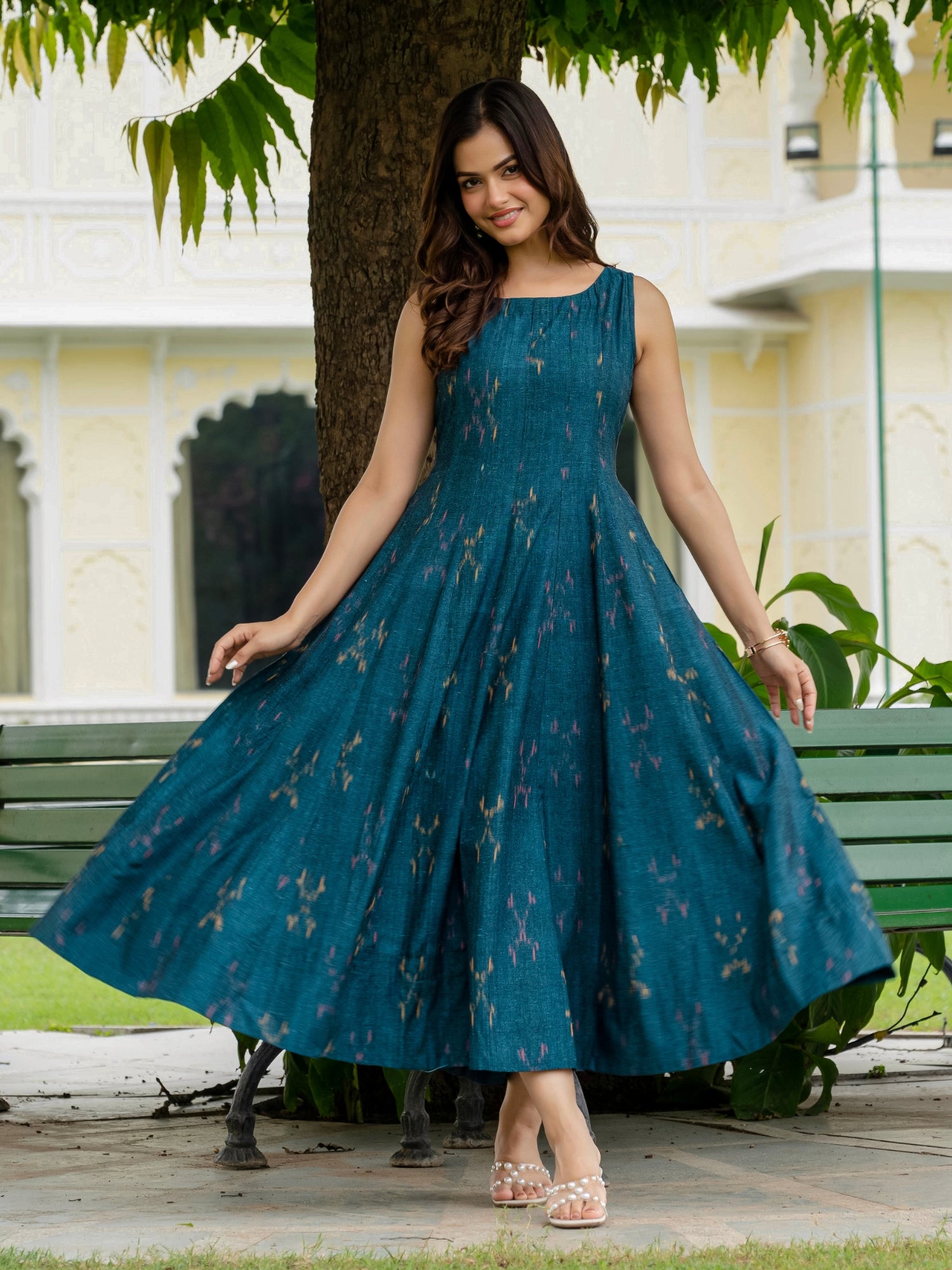 Designer teal atlantis long dress by Darzaania, chic and classy look for smart casuals