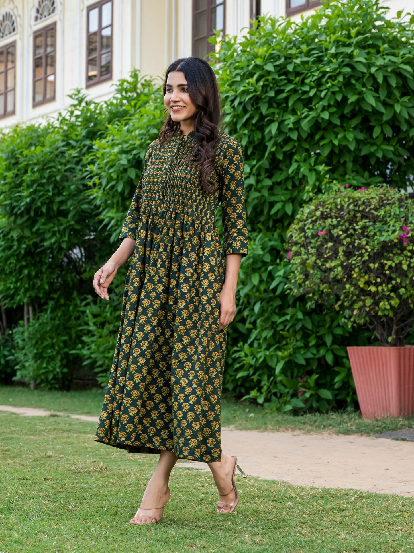 Ameyaa Ajrakh Work Pure Cotton Green Dress