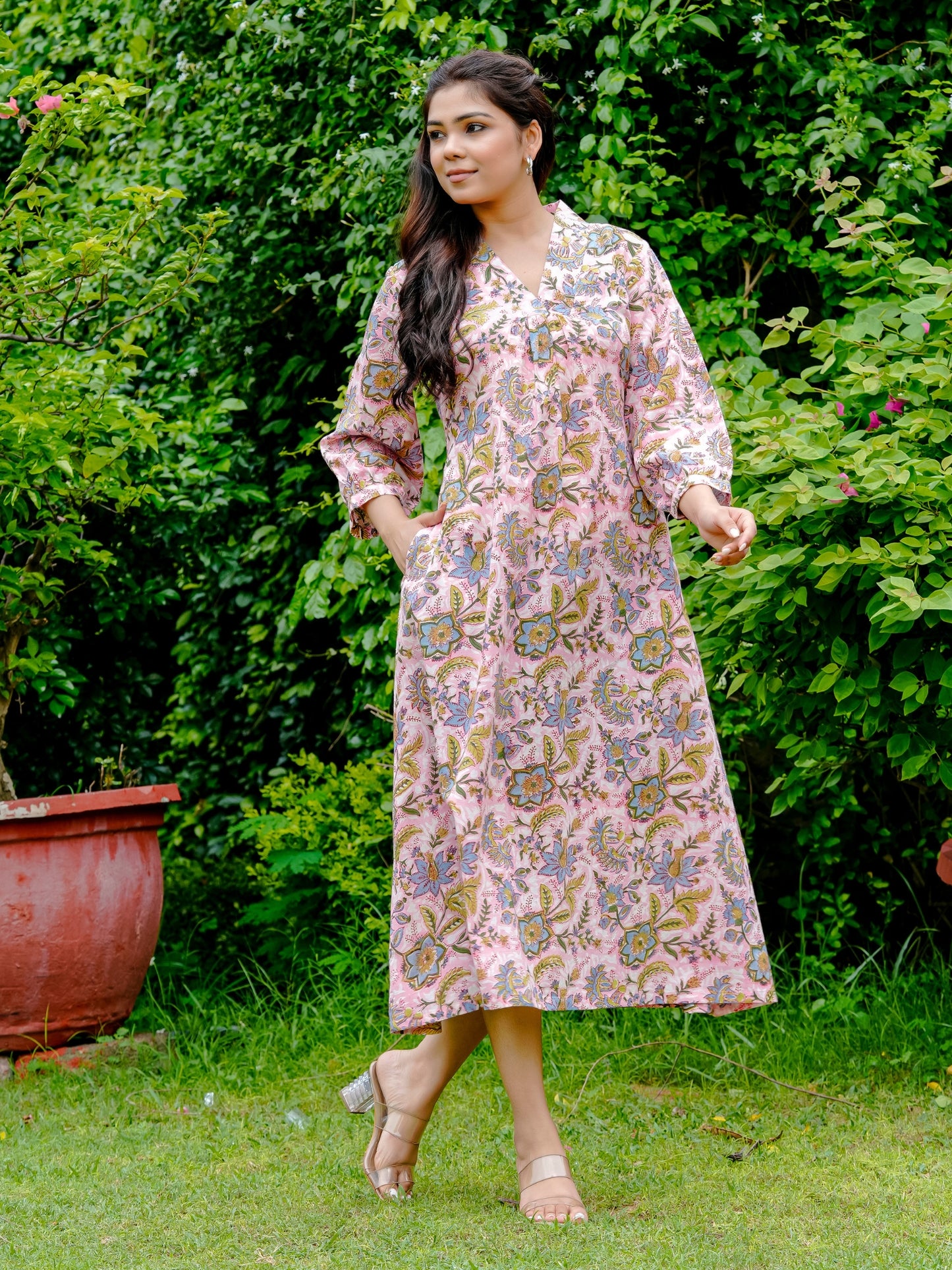 pink floral cotton dress from S to plus sizes upto 6XL