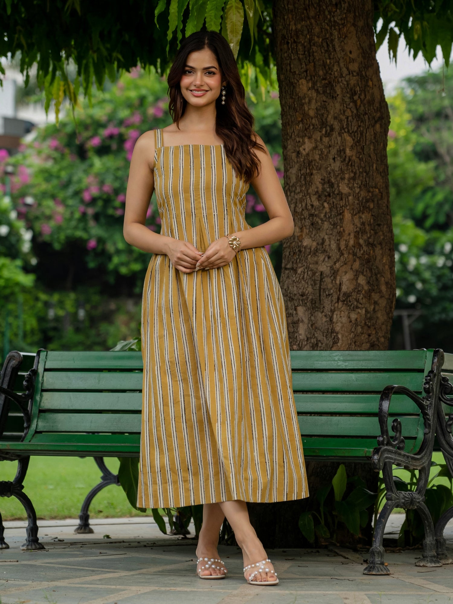 Women’s mustard cotton striped dress, coffee date outfit