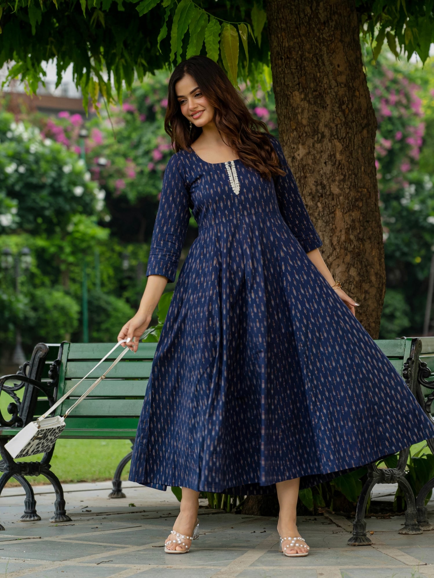 Blue maxi dress for women in Ikkat cotton 