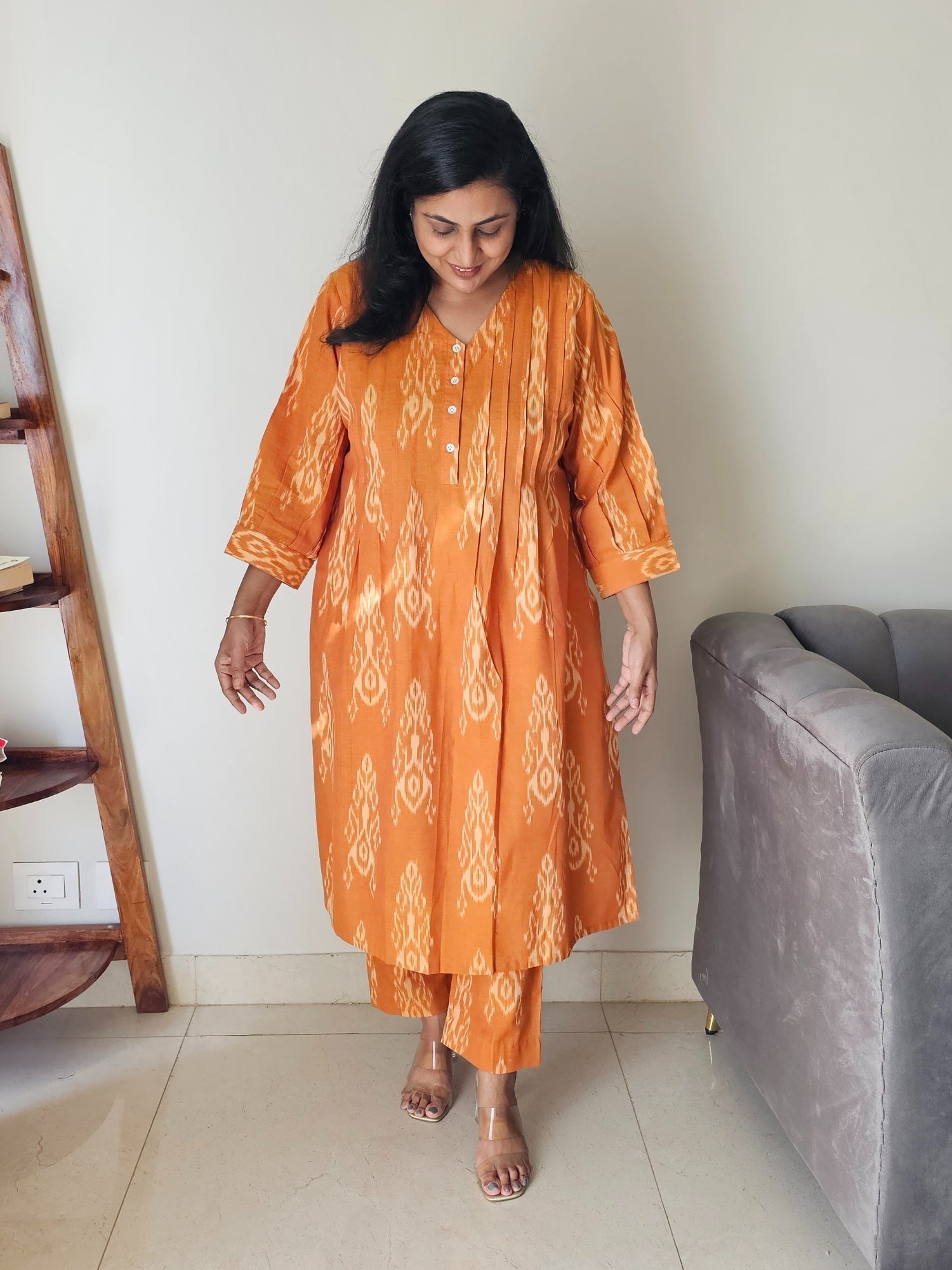 Mustard yellow ikkat cotton co-ord outfit, breathable and chic