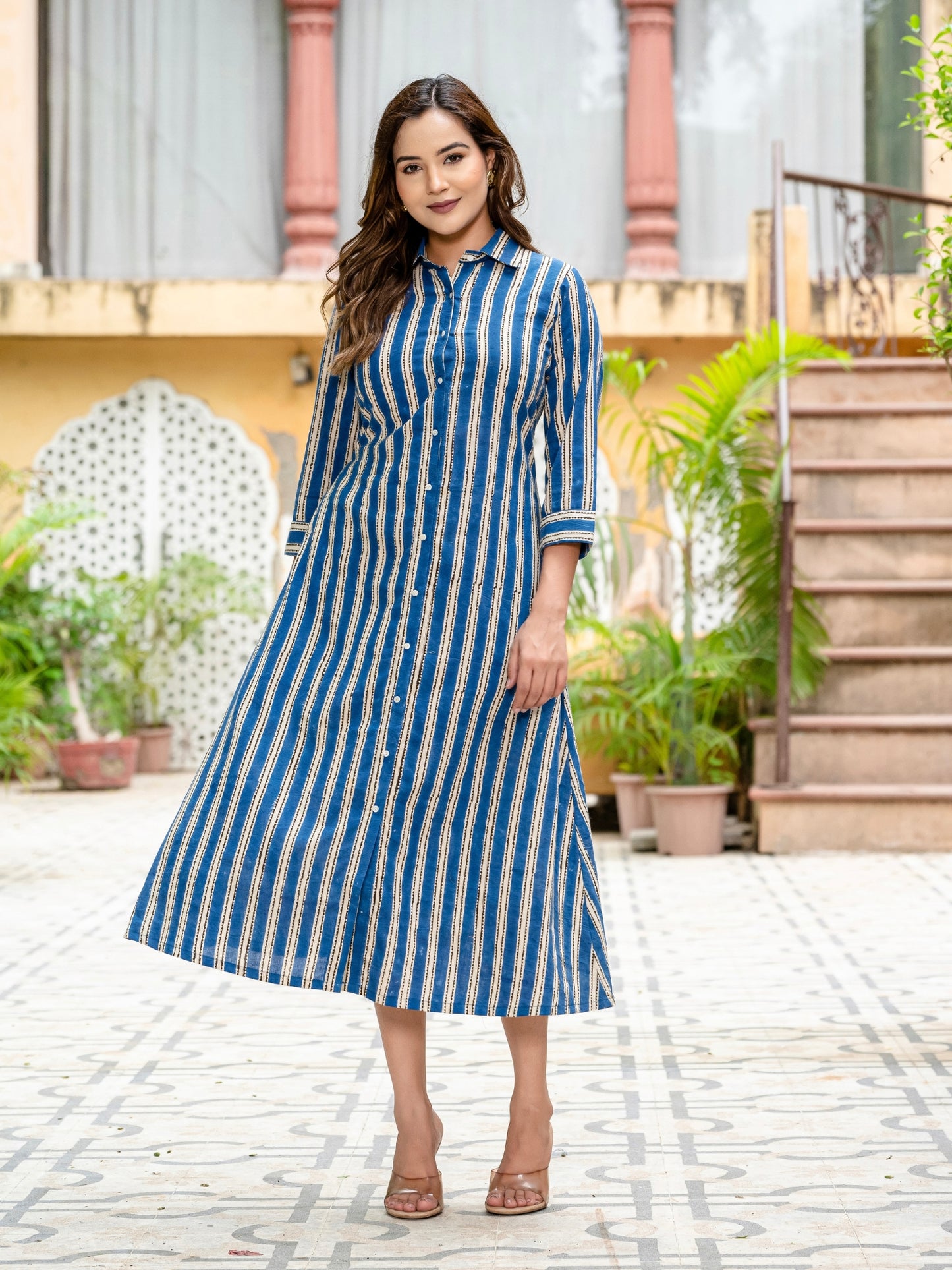 Darzaania Kashika Blue Stripe Button Down Cotton Dress