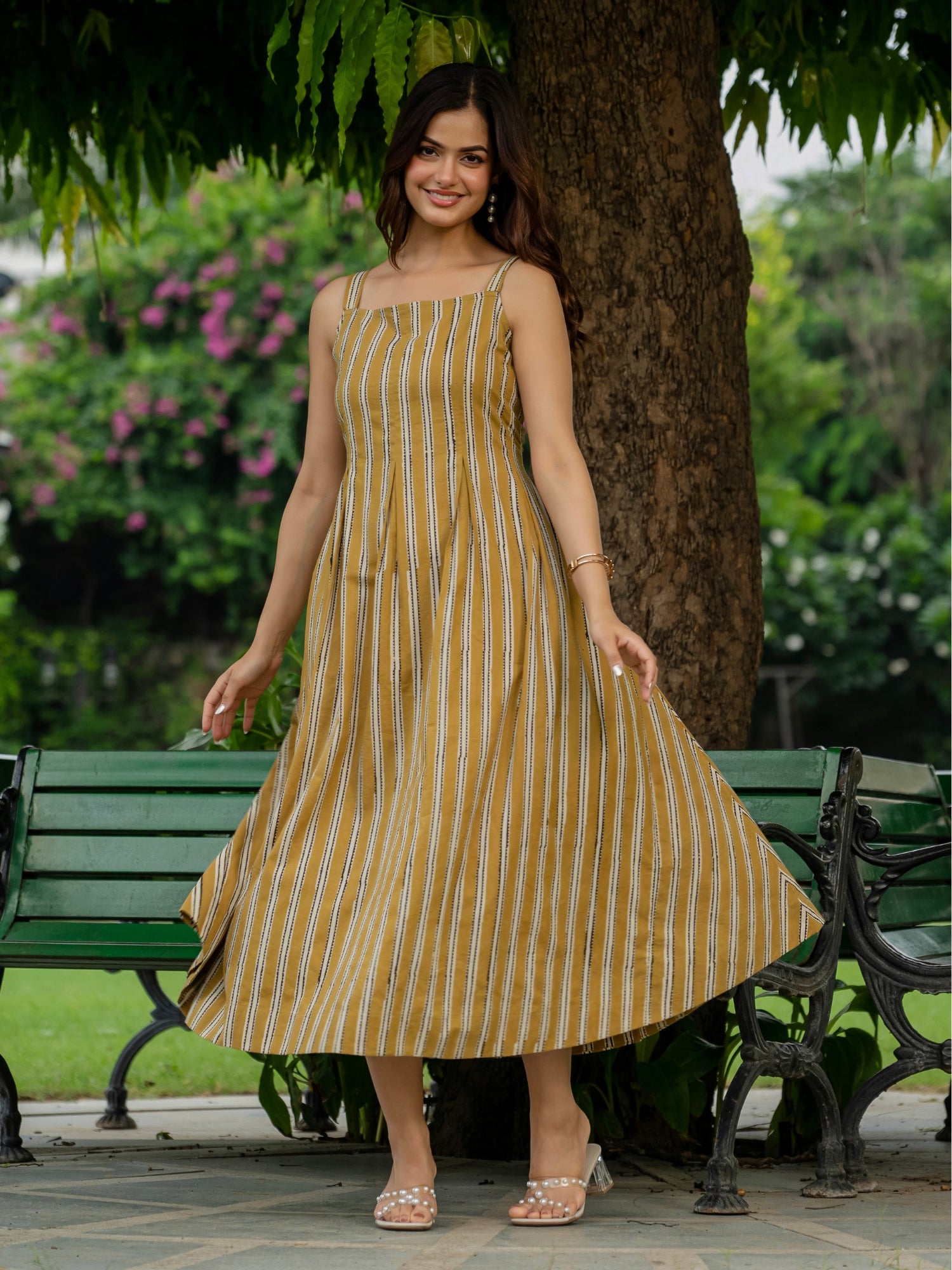 Mustard striped cotton strap dress