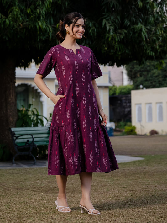 Plus-size friendly wine Ikkat midi dress for women, customizable