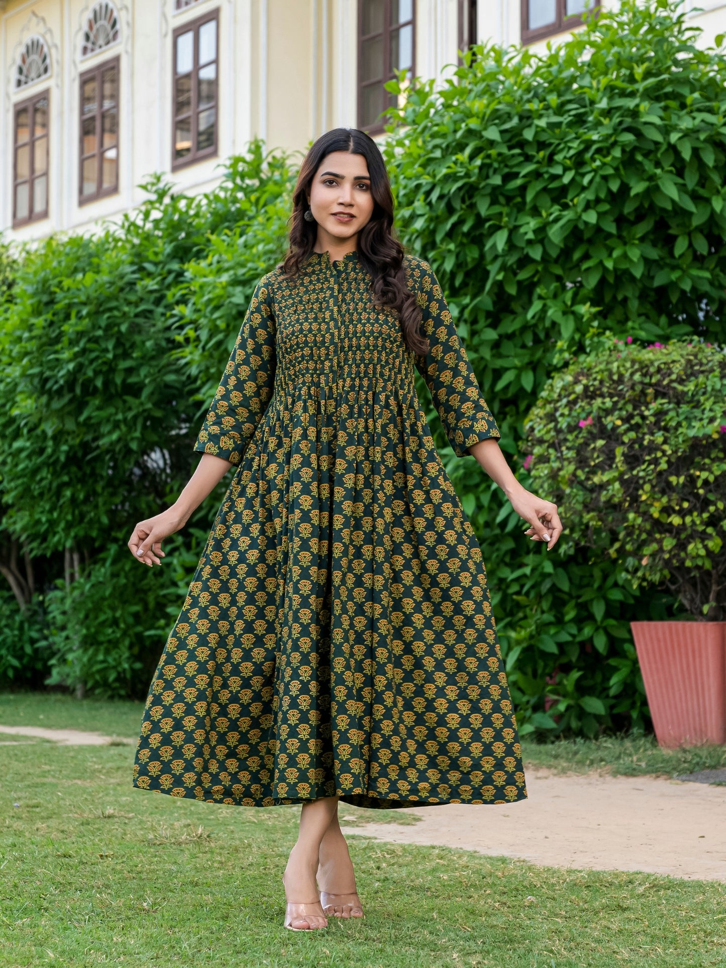 Ameyaa Ajrakh Work Pure Cotton Green Dress