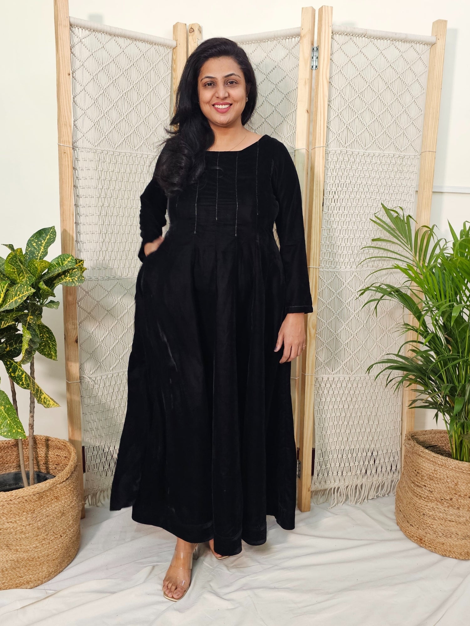 Black Velvet Long Dress for Women