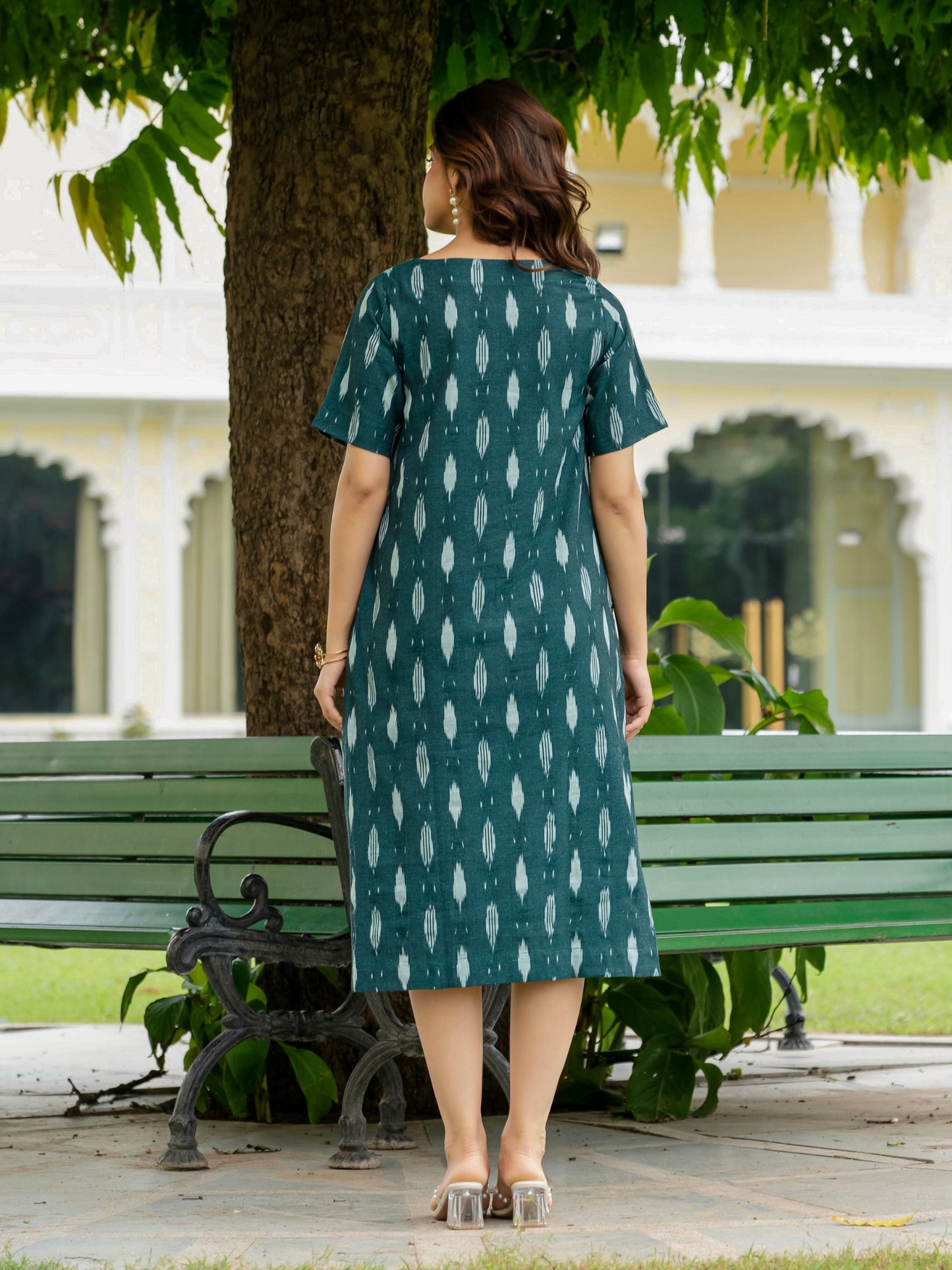 Artisanal Ikat fabric green midi dress for women, breathable cotton