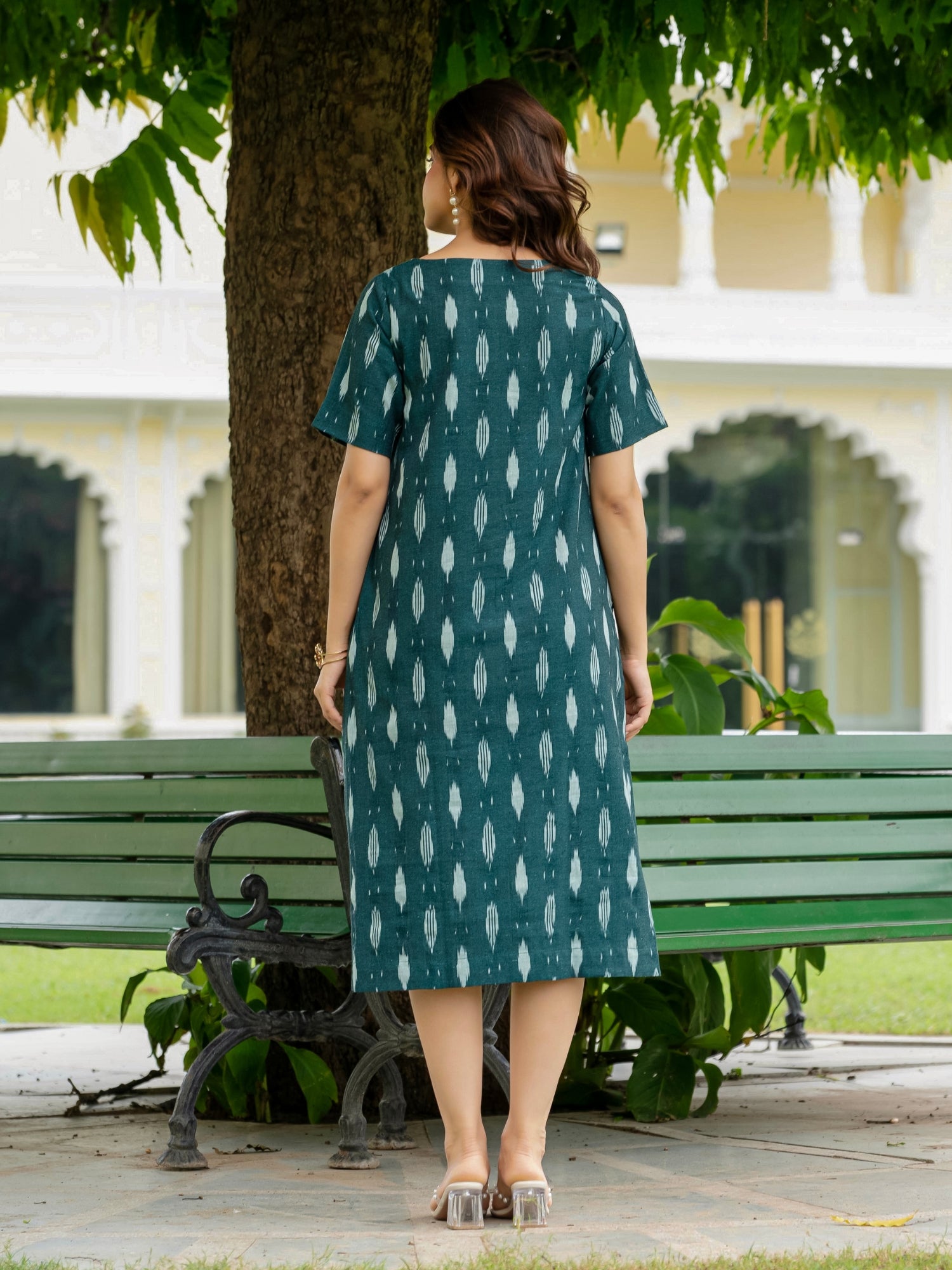 Artisanal Ikat fabric green midi dress for women, breathable cotton
