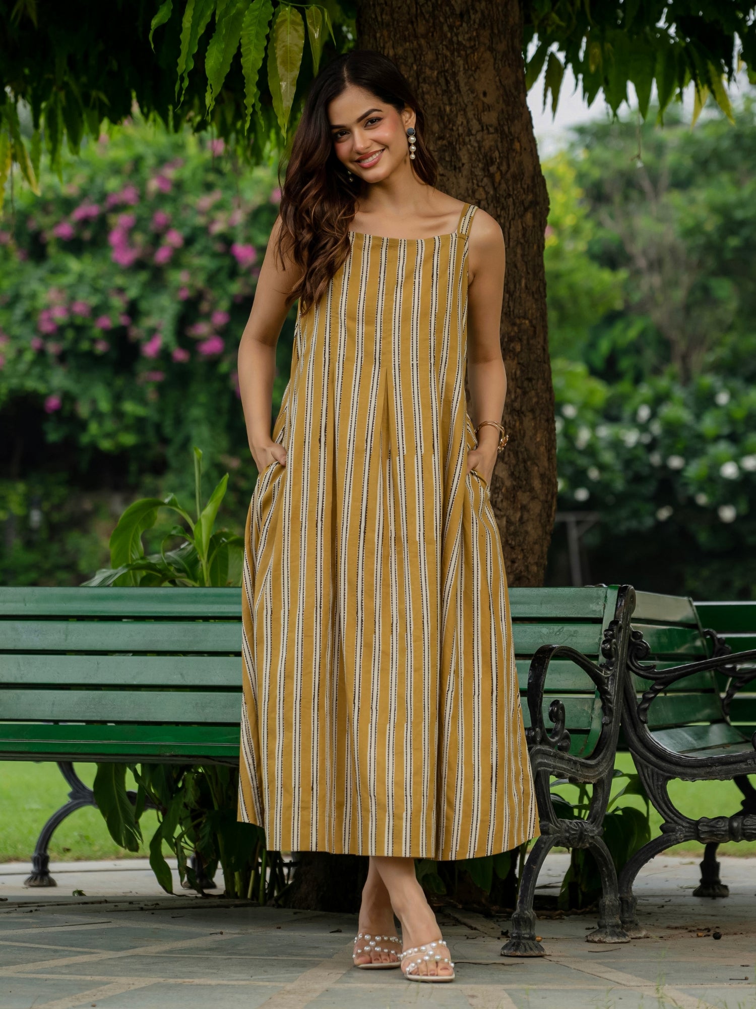 Cotton mustard stripe maxi dress