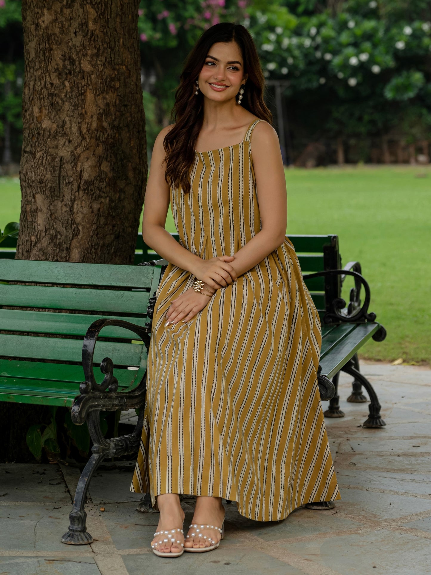 Darzaania mustard striped cotton strap dress, size inclusive