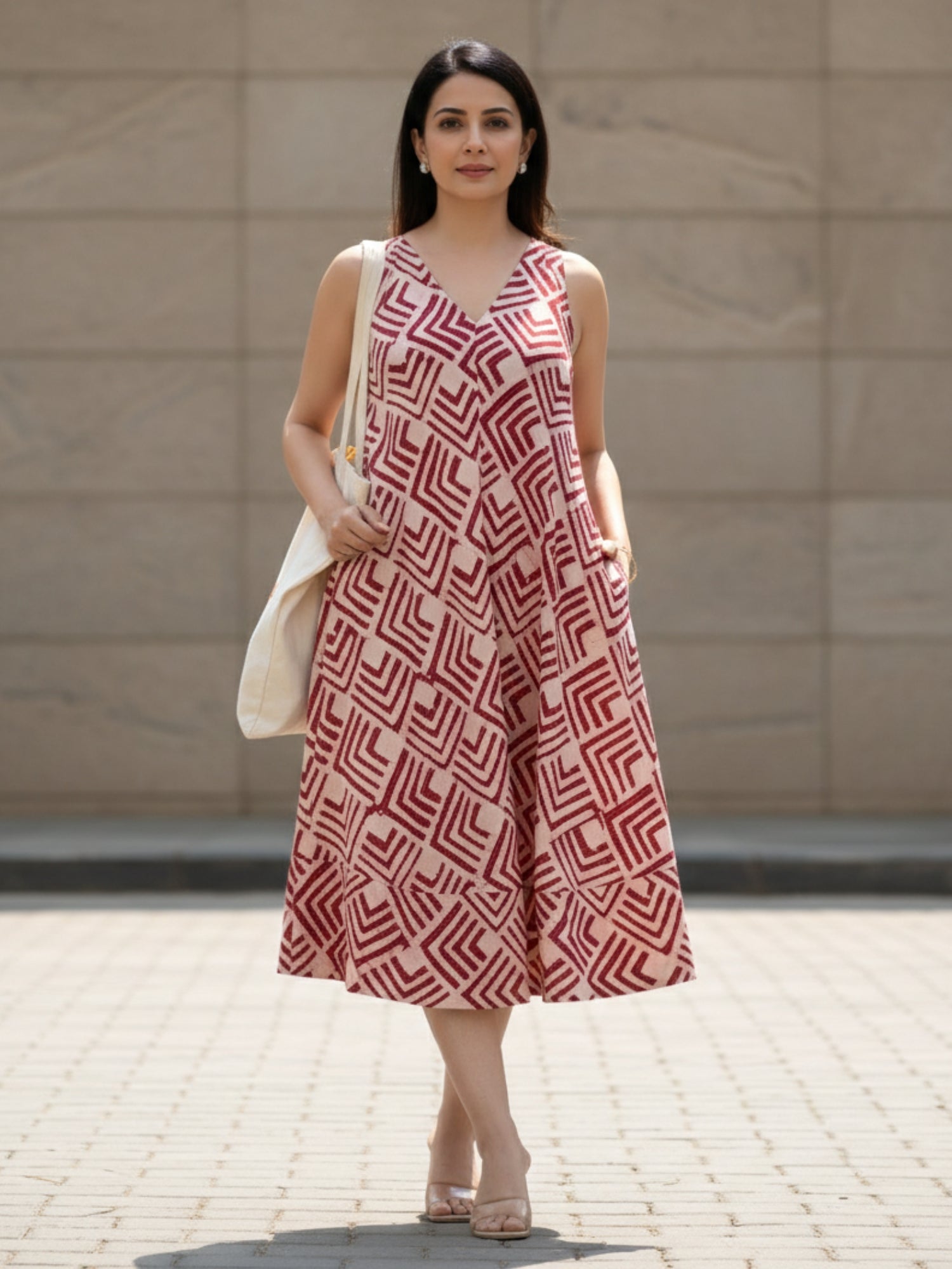 red batik work kantha work pure cotton  midi dress