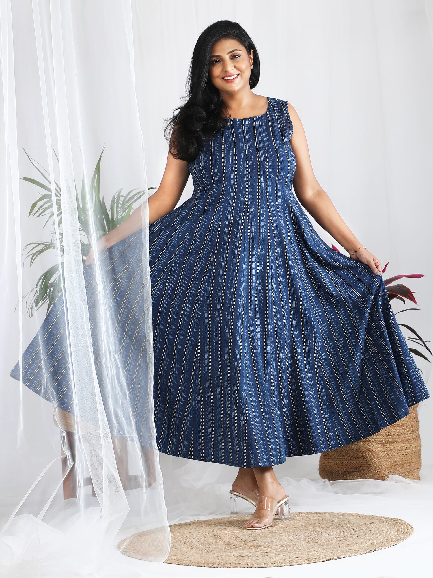 Blue Ajrakh Cotton Maxi Dress with pockets