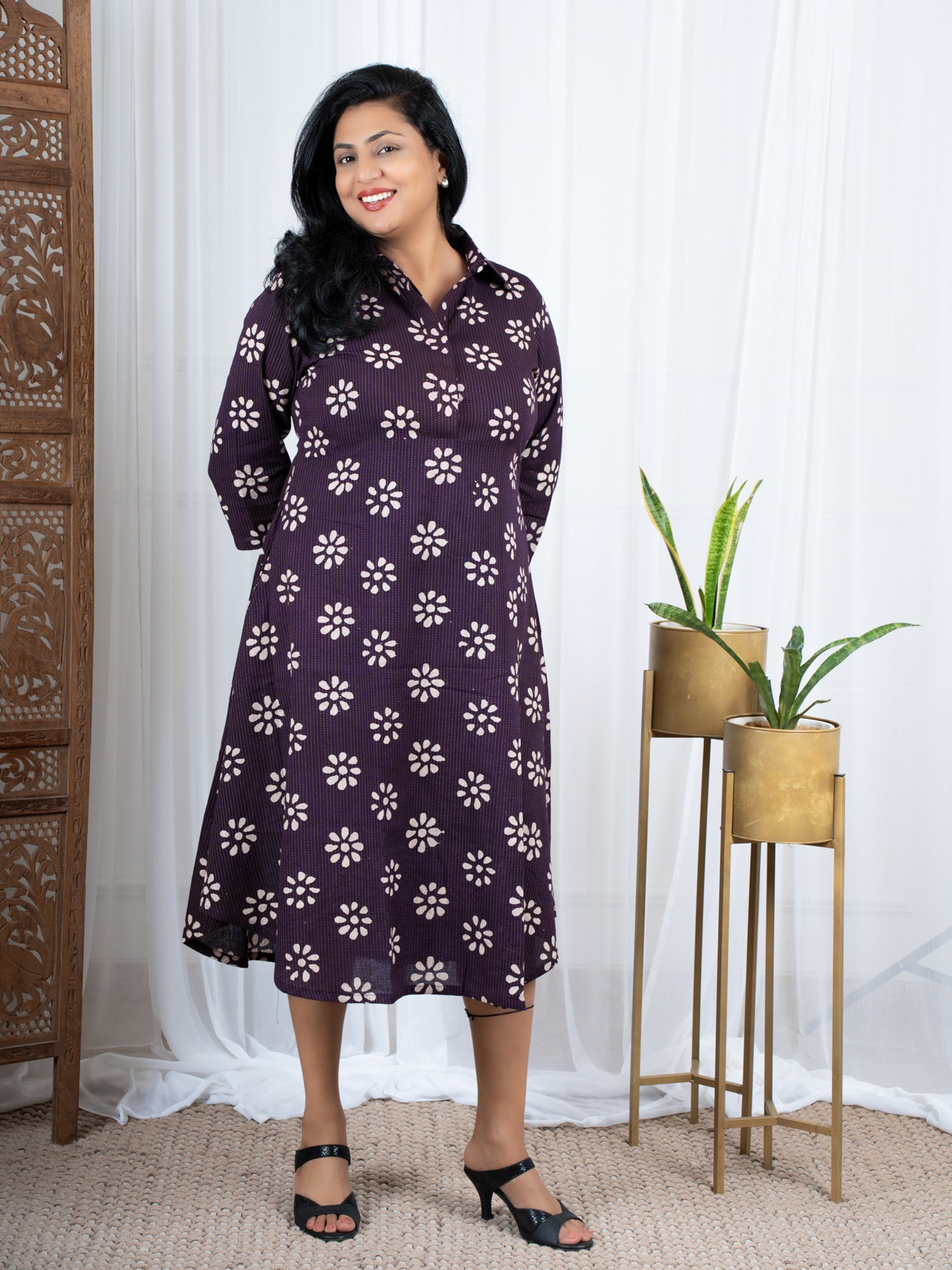 Purple block print kanth work dress for women