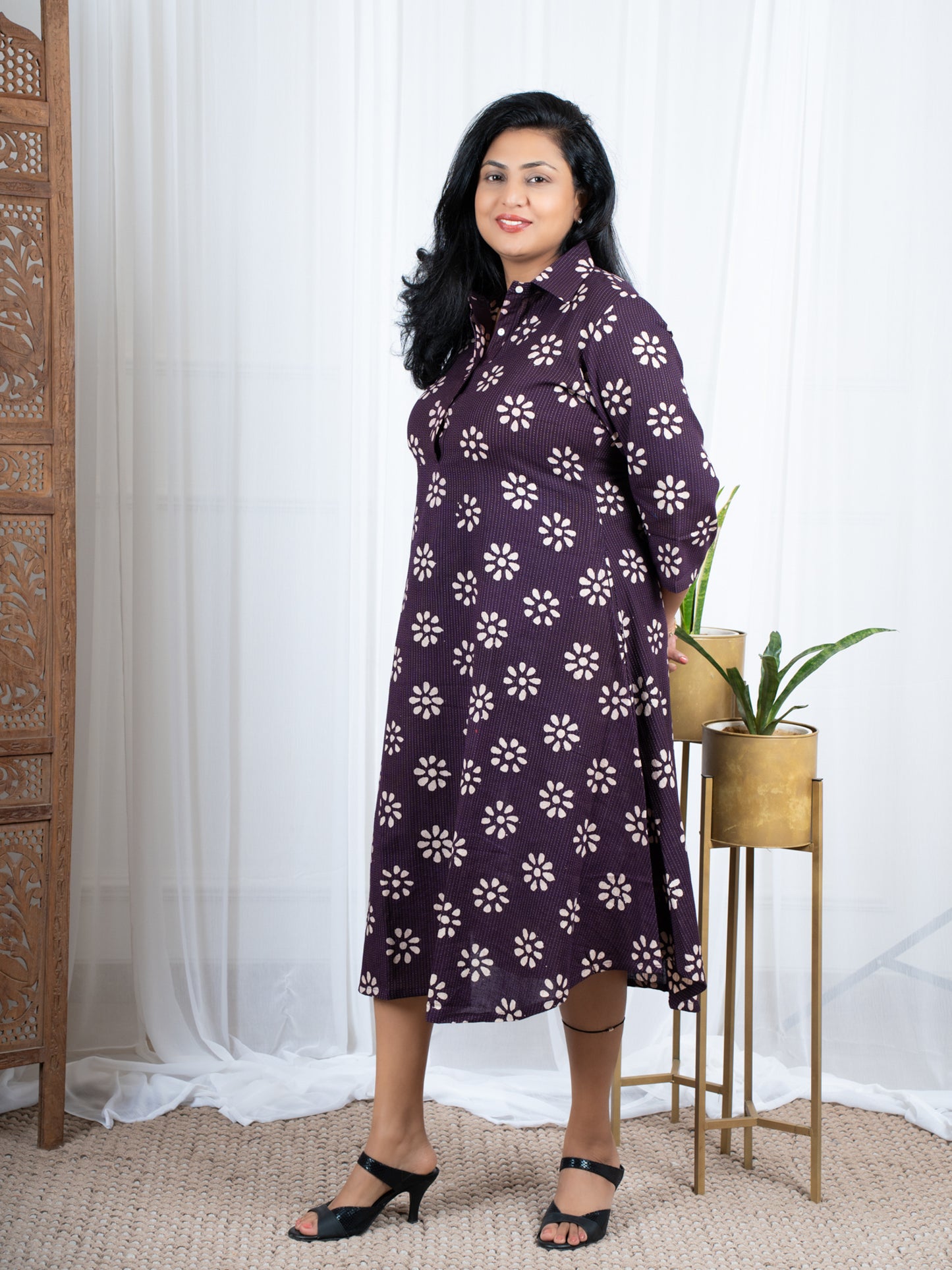 Purple Kantha work block print dress online