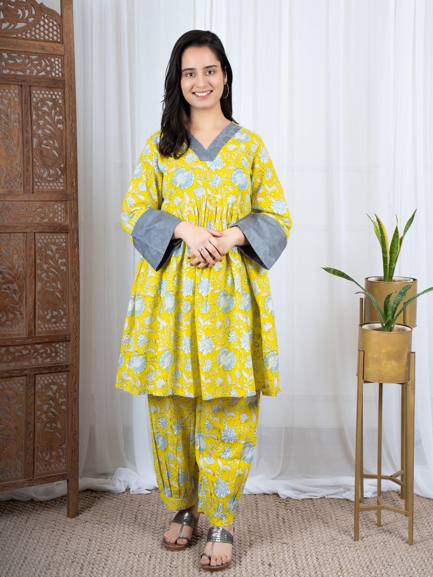yellow cotton kurta kurti coord sets