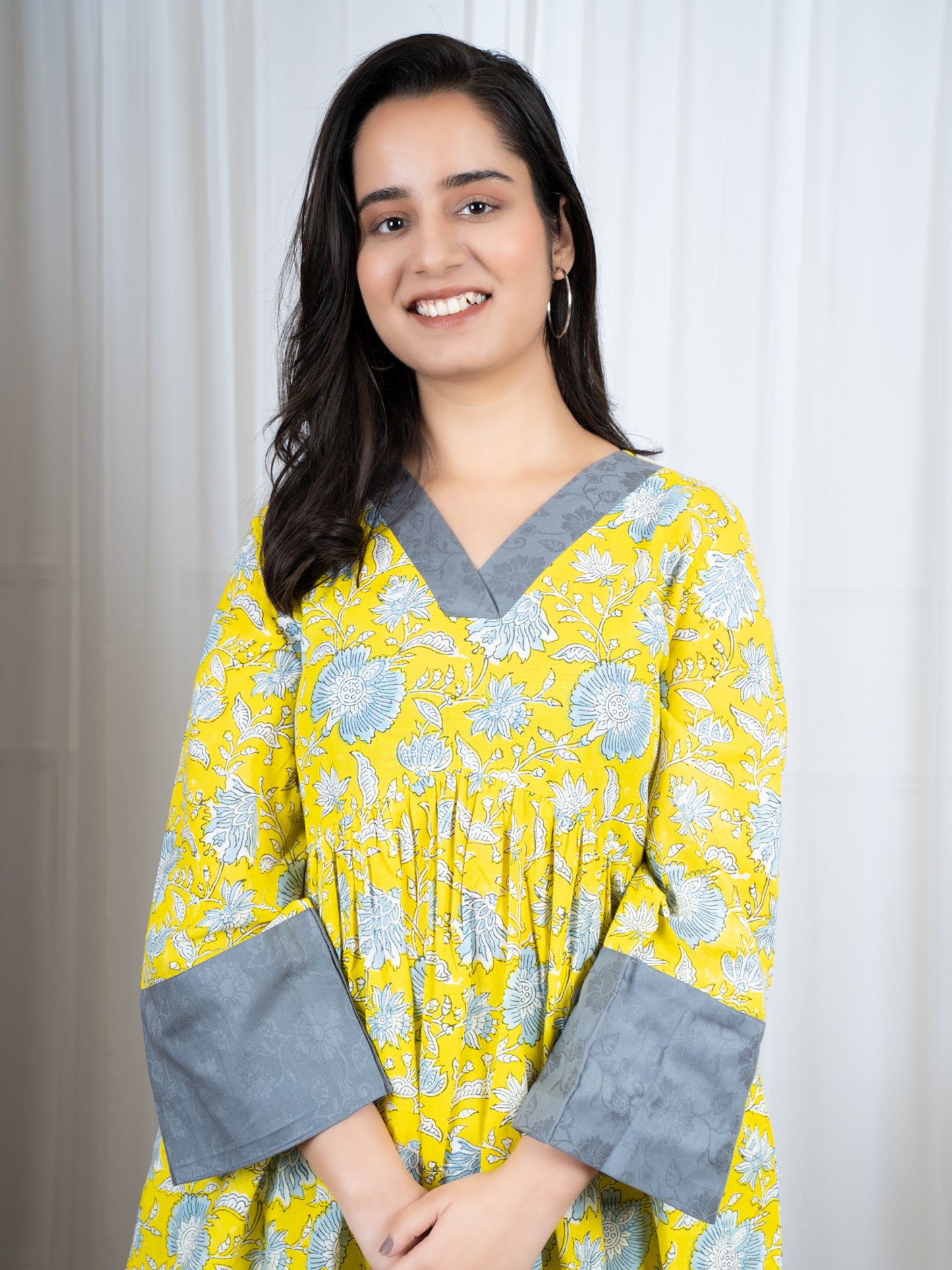 Floral yellow kurti set in pure cotton