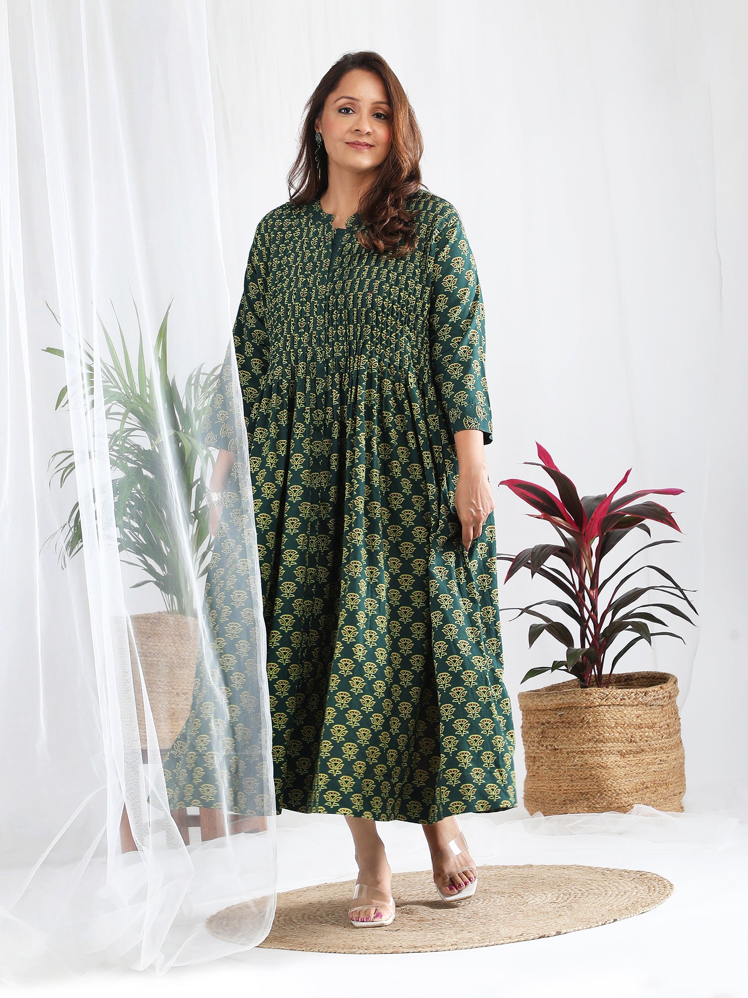 Pintuck work Ajrakh Green Cotton Dress for women