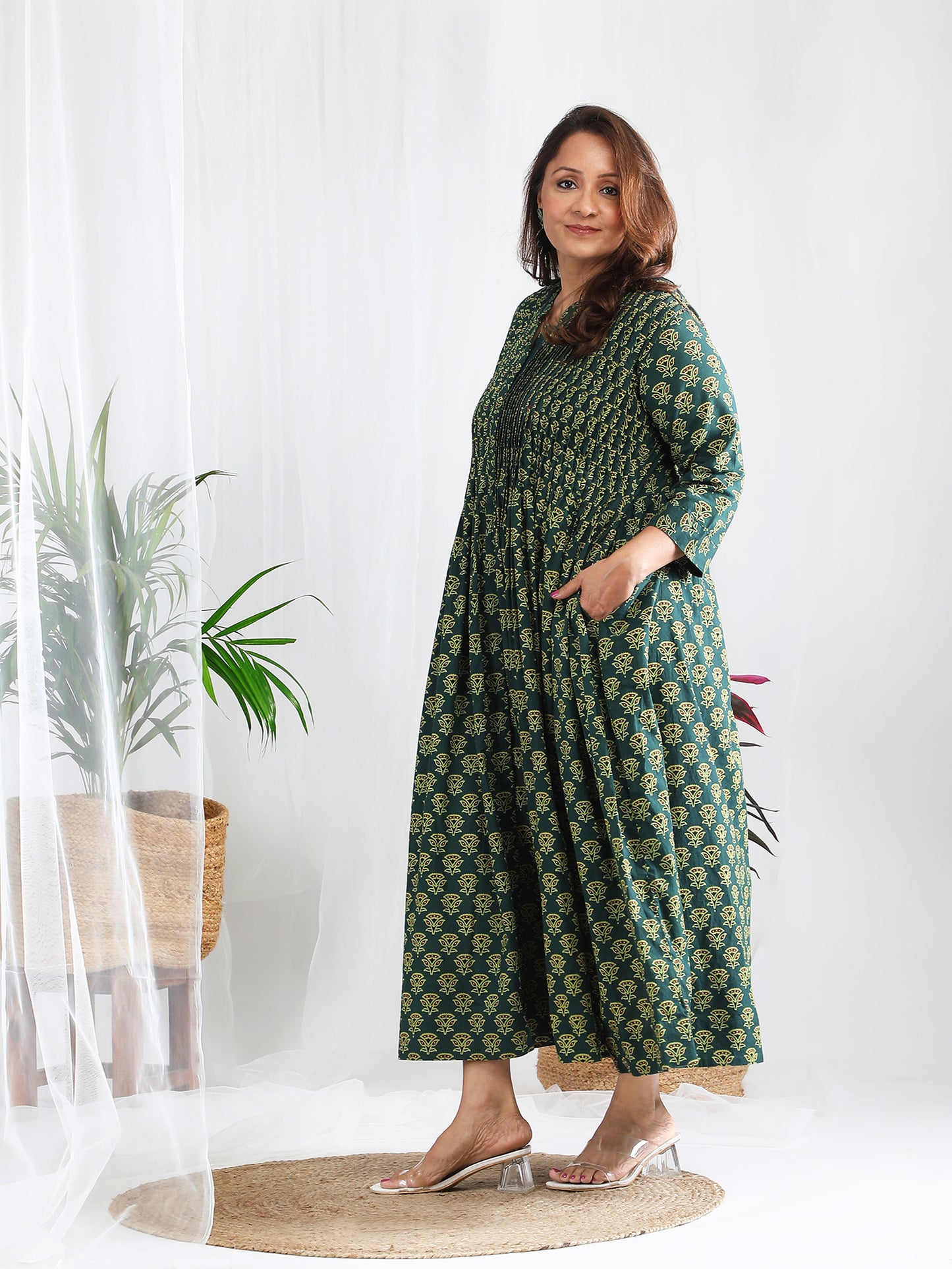 Green Pure cotton ajrakh fabric dress for women