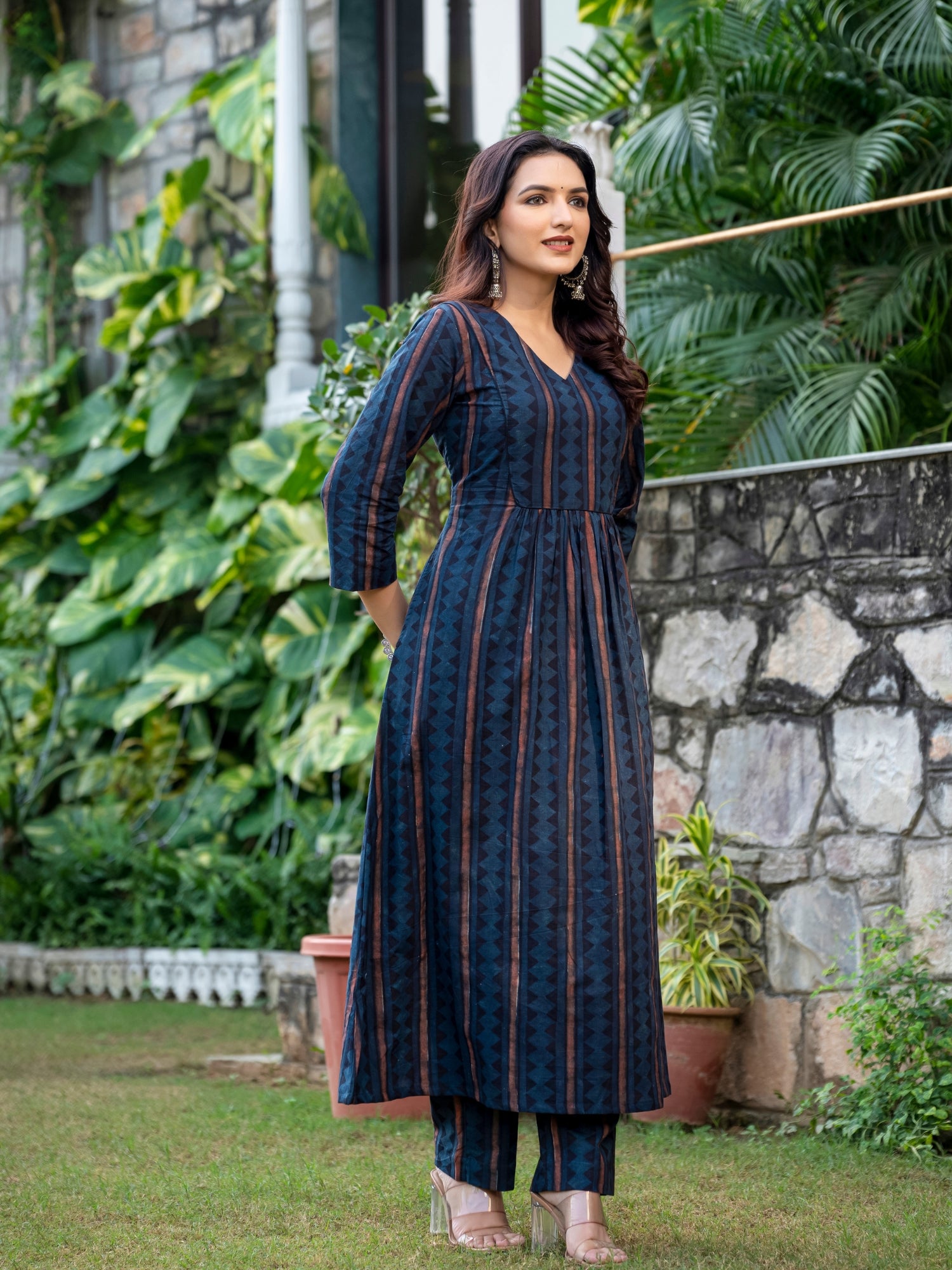 Indigo Blue Ajrakh Striped Kurta Set Darzaania