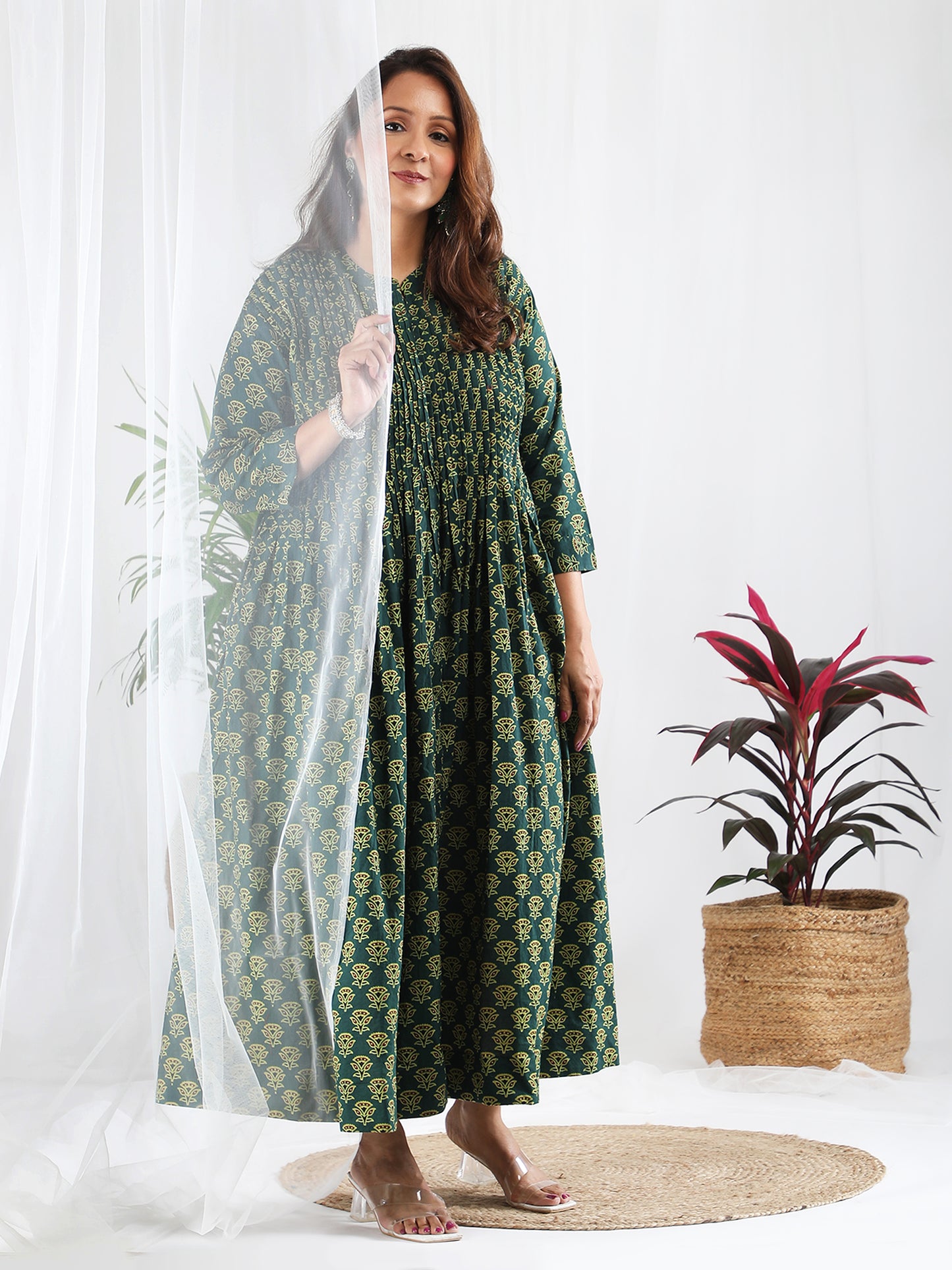 Green Ajrakh Cotton Dress for women