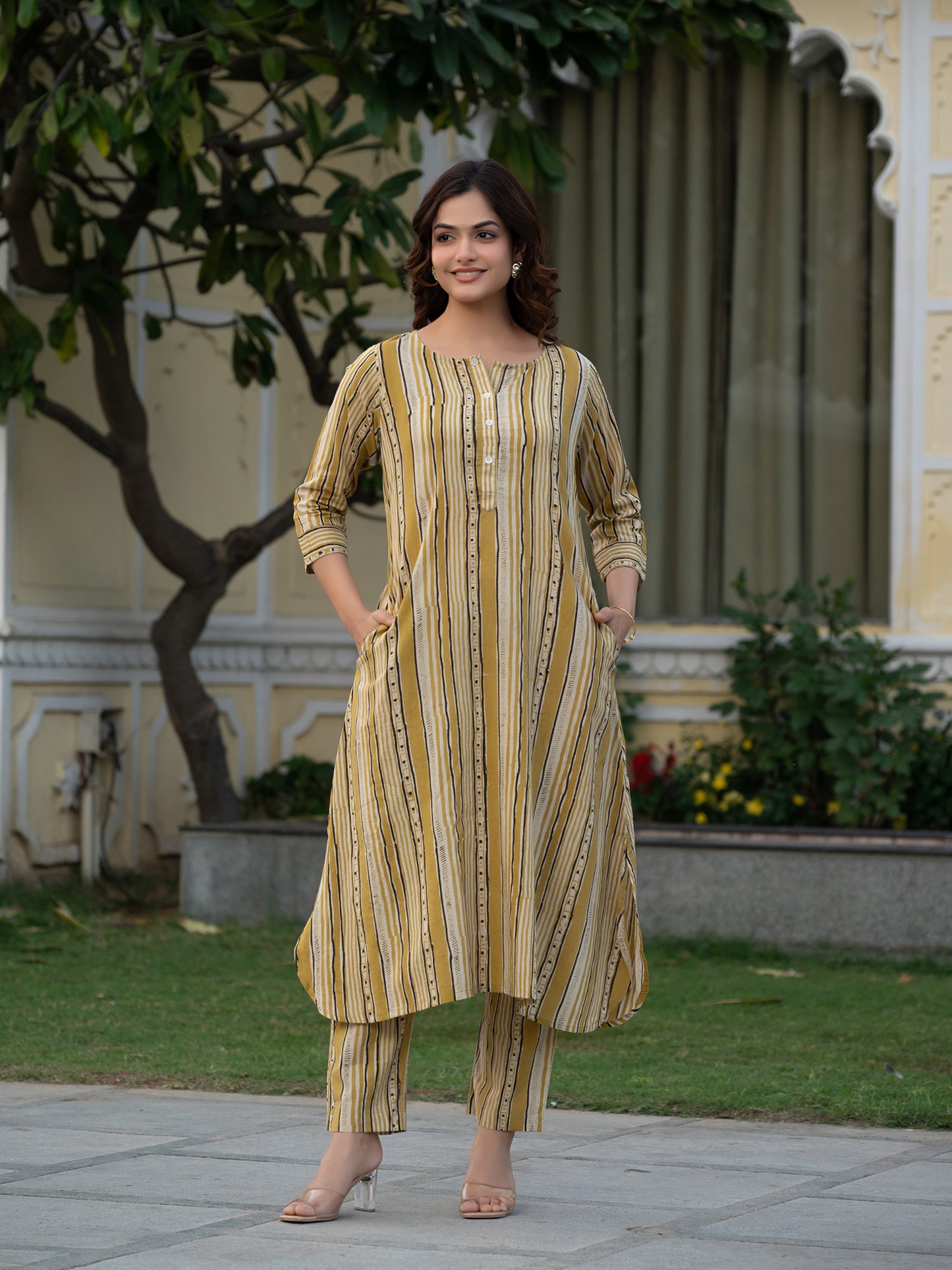 Subtle mustard Ajrakh cotton co-ord set for women with relaxed fit and handcrafted block print, front view