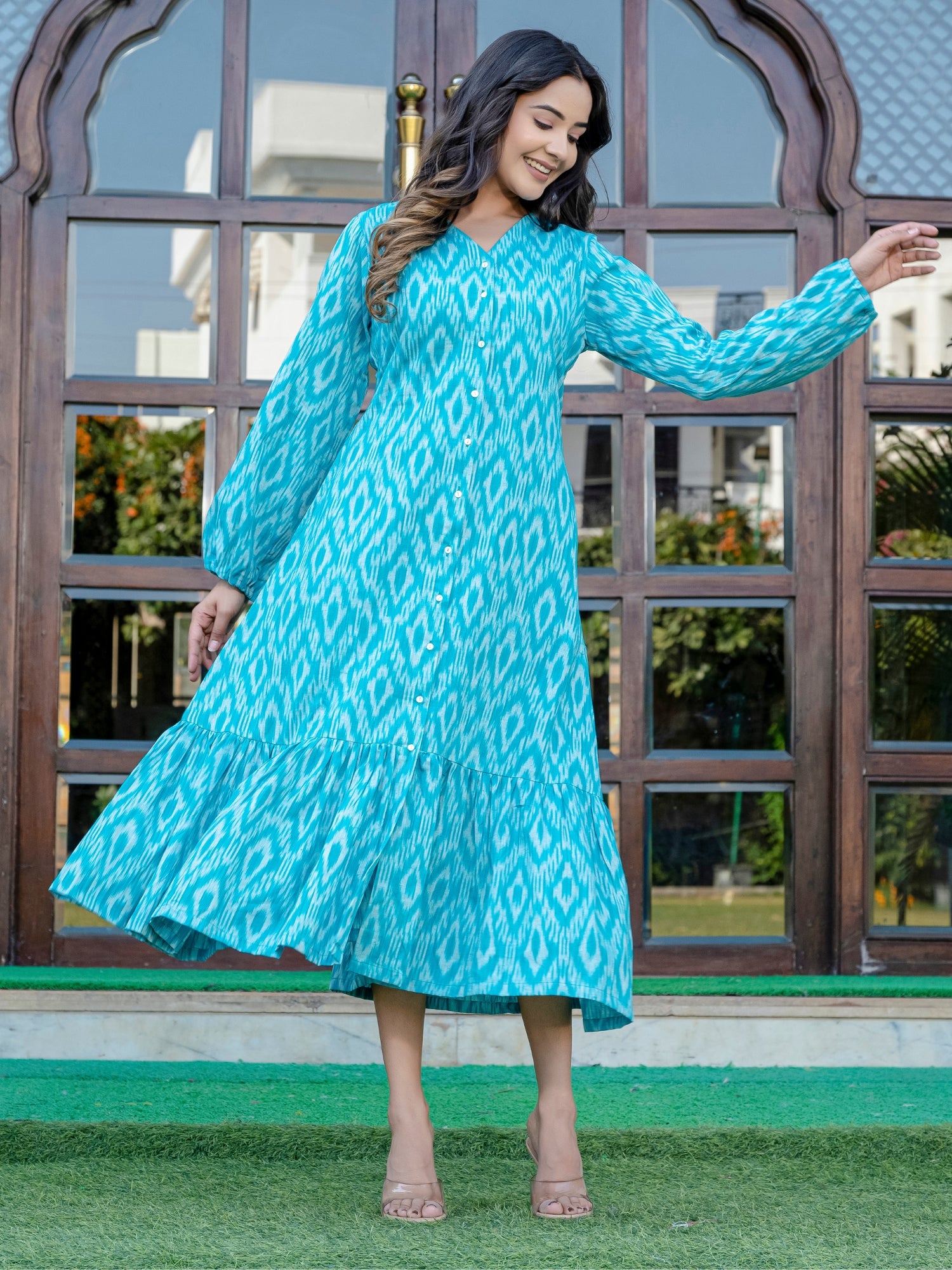 Teal Blue Ikat Cotton Dress 