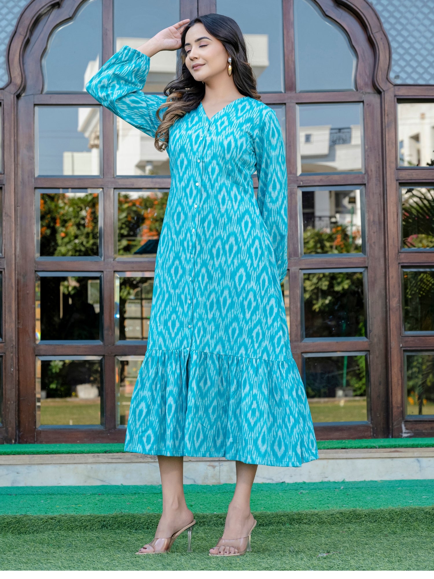 Teal Blue Ikat Cotton Dress