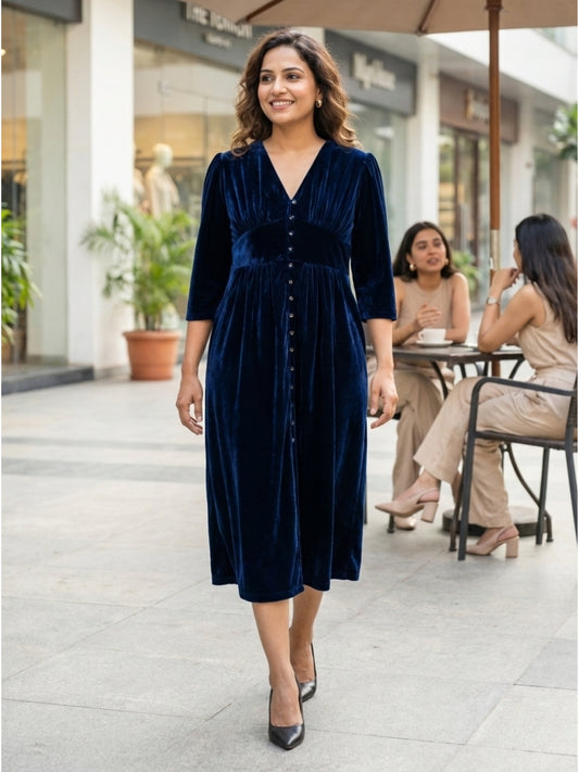 Blue velvet party wear dress for regular and plus sizes