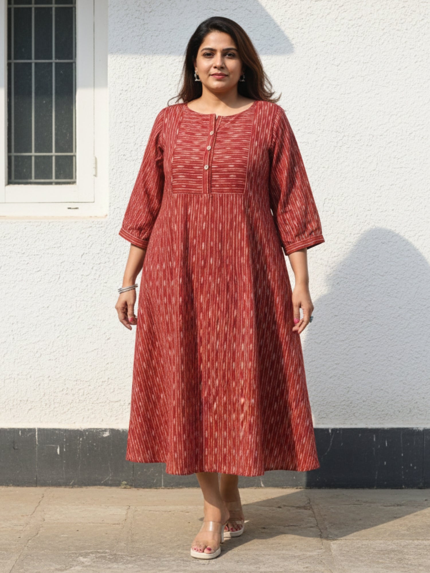 Brick Red Ikat Cotton Dress by Darzaania