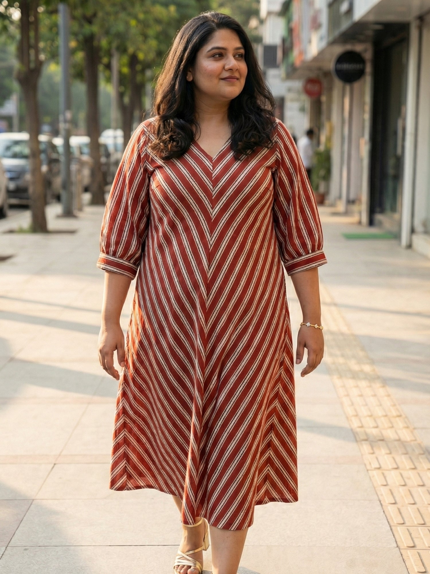 Red striped cotton dress for women