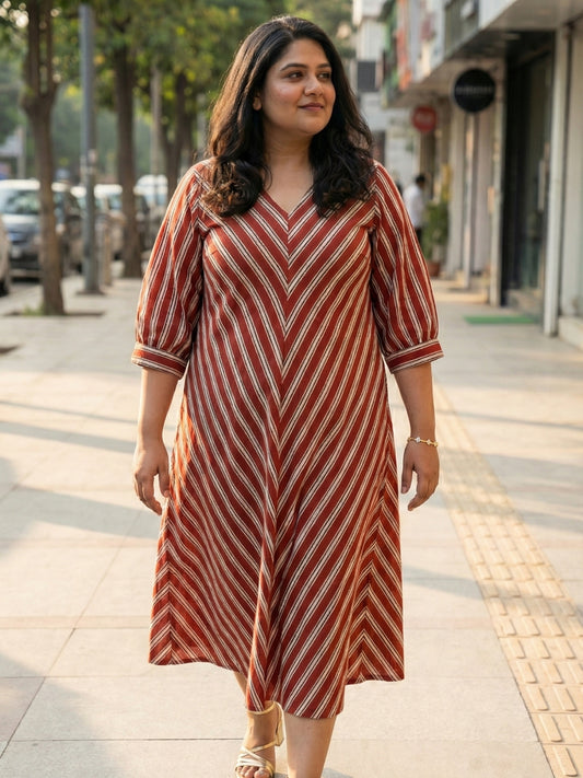 Red striped cotton dress for women