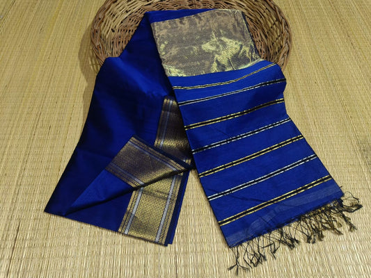 Maheshwari Cotton Silk Blue Color Saree with Zari border