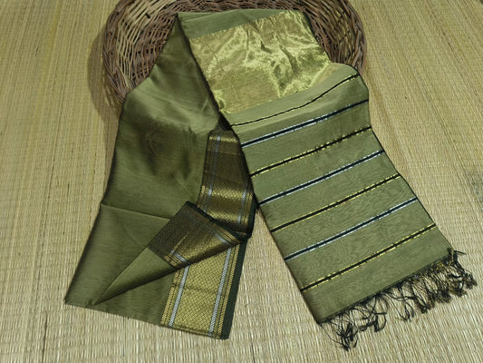 Maheshwari Cotton Silk Olive Color Saree with Zari border