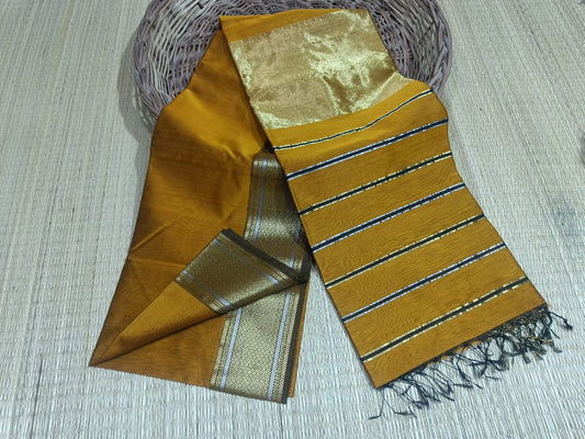 Maheshwari Cotton Silk Mustard Color Saree with Zari border