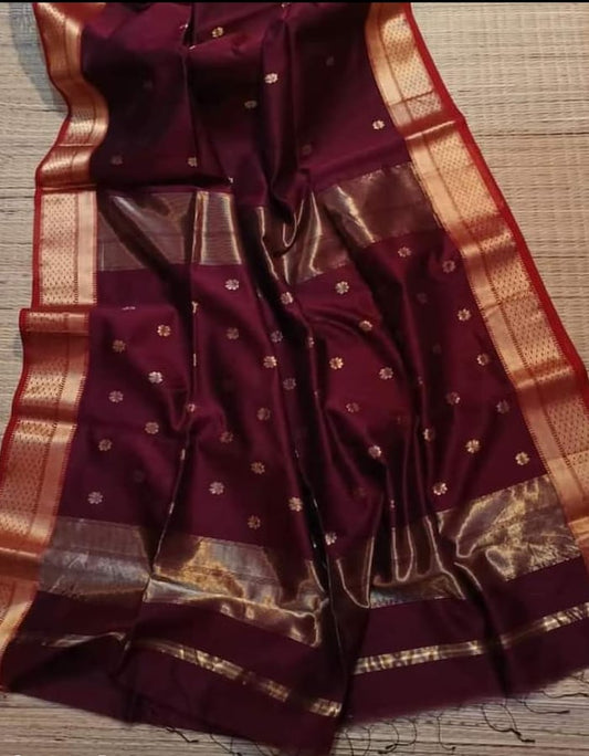 Maheshwari cotton Silk Maroon Color Saree with Zari border
