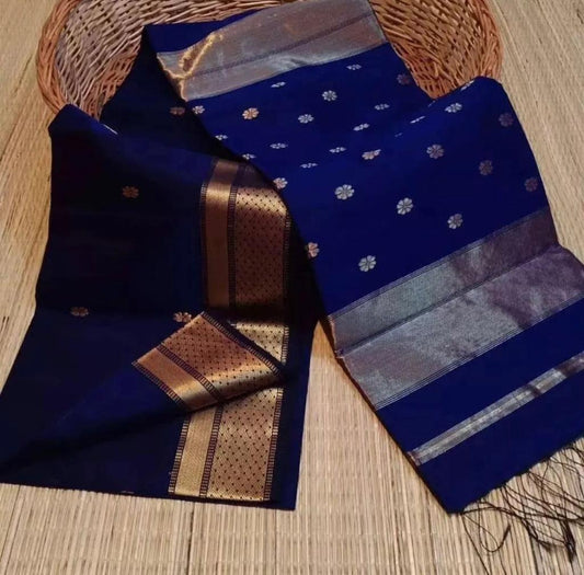 Maheshwari cotton Silk Blue Color Saree with Zari border