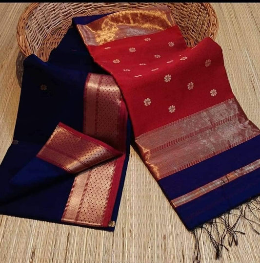 Maheshwari cotton Silk Blue Color Saree with Zari border